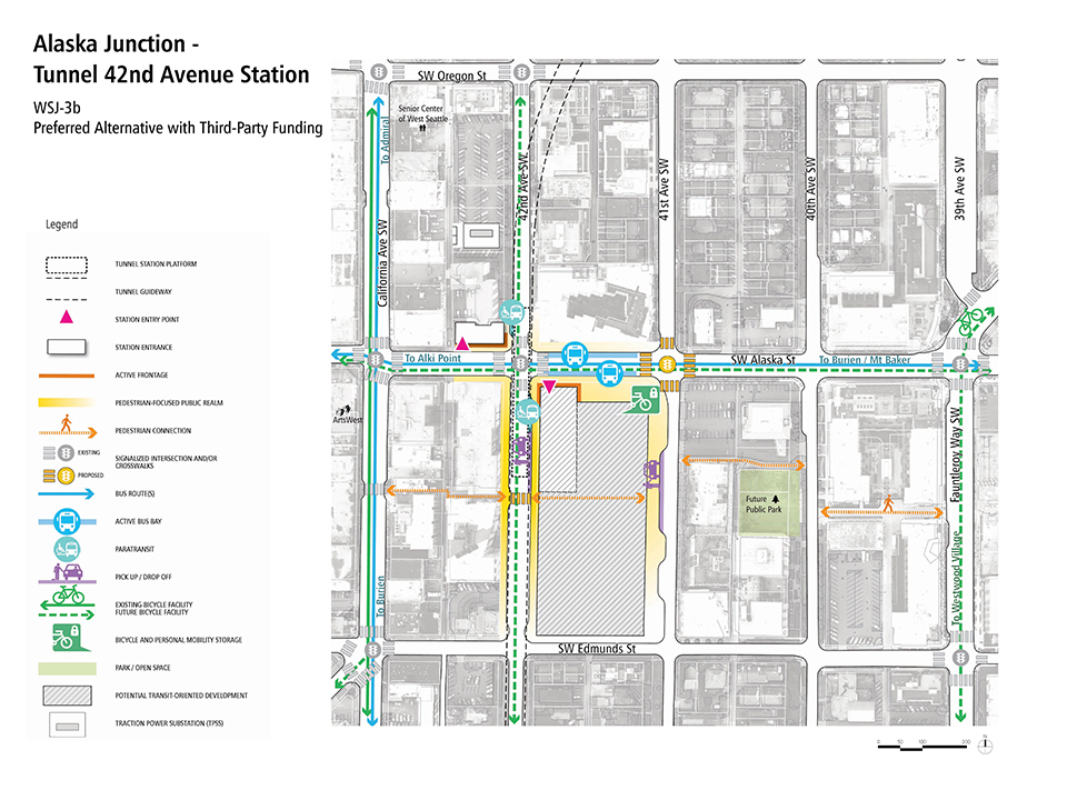 A map that describes how pedestrians, bus riders, bicyclists, and drivers could access the Alaska Junction - Tunnel Forty-Second Avenue Station Alternative.